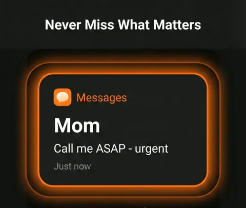 A message from Mom reading 'Call me ASAP - urgent' inside a glowing orange border.